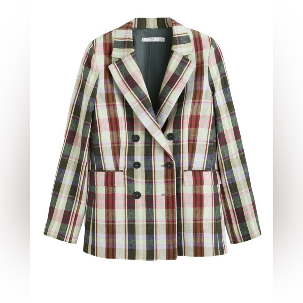 MANGO plaid double breasted linen/cotton blend blazer size S